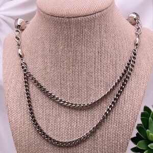 Vintage Silver Tone Layered Chain Link Necklace with Ball Bead Accents